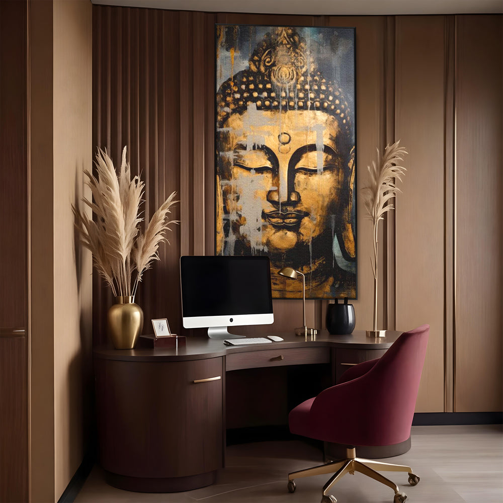 Tablou canvas cu tablou canvas cu chipul lui buddha, in rama de aluminiu negru, pe perete intr-un birou